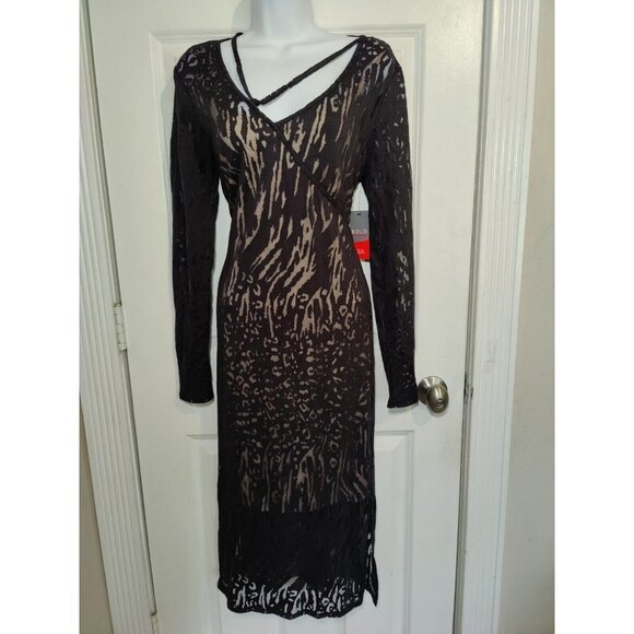 Black Lace Sexy Long Sleeve Animal Print Bodycon Midi Dress Bold Elements M NWT - Picture 4 of 13